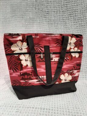 Hawaiian Island Accent Canvas Beach Bag Tote Red Pink White Hibiscus 18"x14"